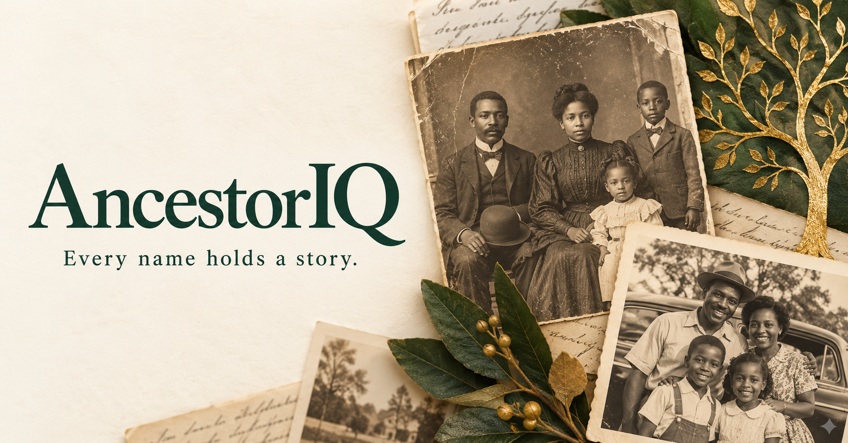 AncestorIQ original artwork with family photographs and the tagline Every name holds a story